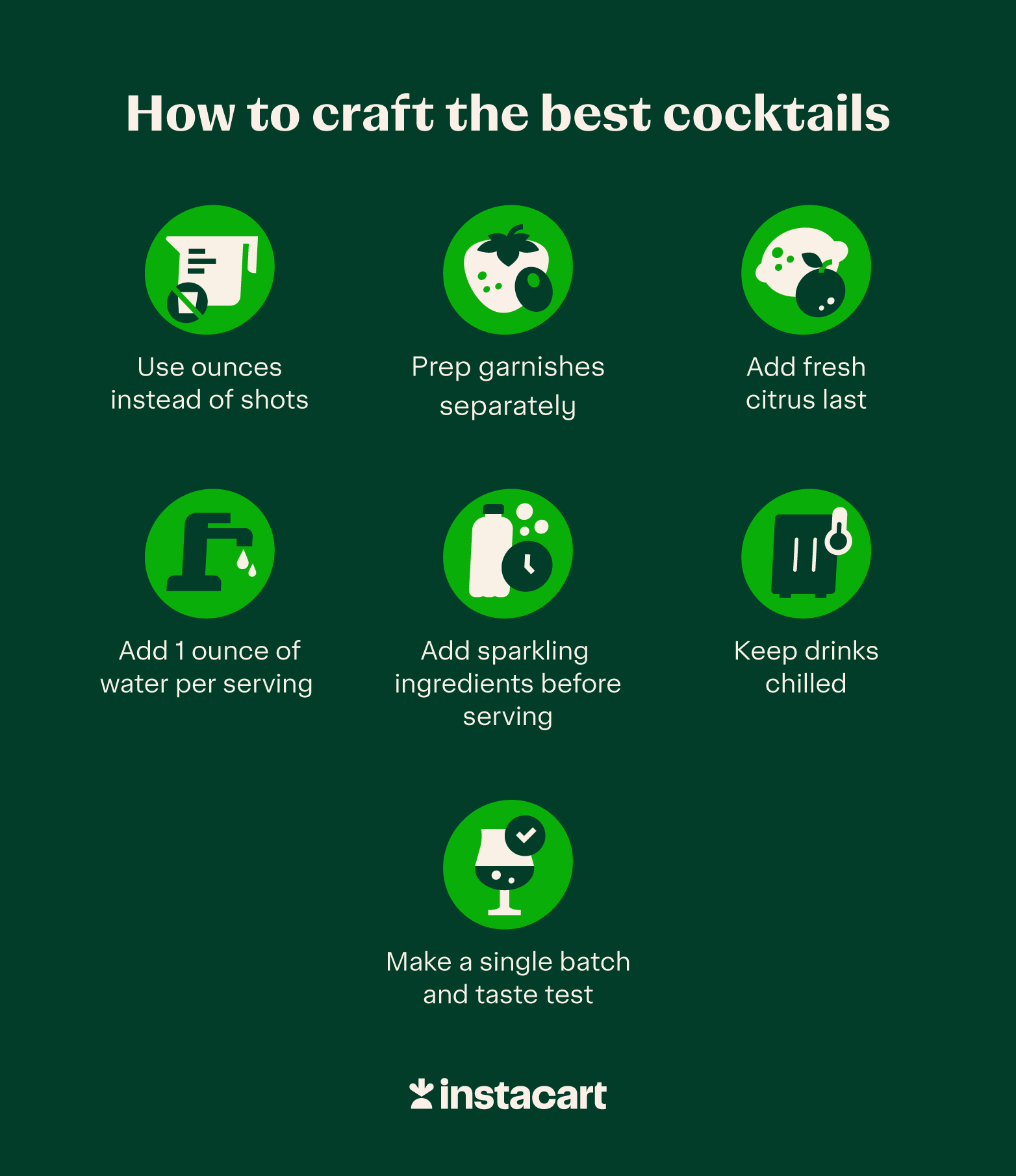 a graphic with 7 tips for batch-making cocktails