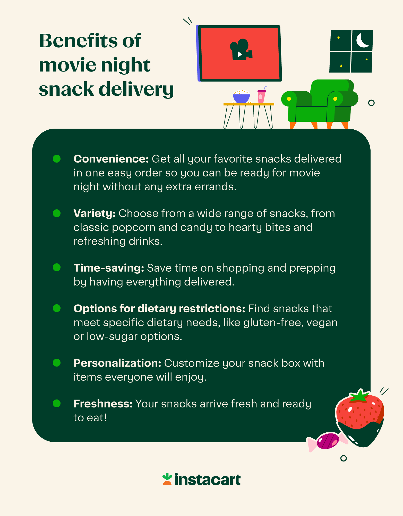 Illustrated chart showing the benefits of movie night snack delivery