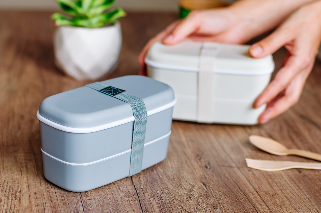Two closed plastic two-layered lunch boxes with elastic band