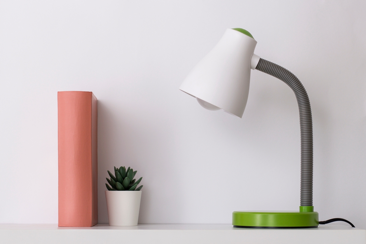 Lamp, book and succulent on a white shelf.