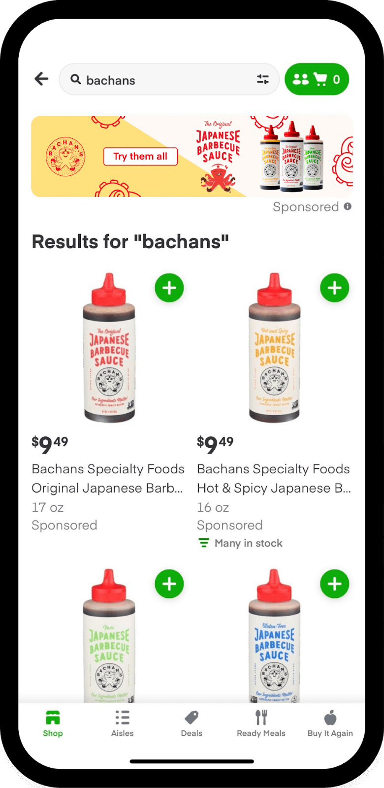 A smartphone using Instacart. Bachan's sauces are displayed.