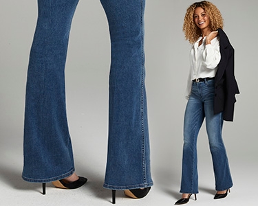 New Womens Black White Denim Stretch Flared Bootcut Jeans 