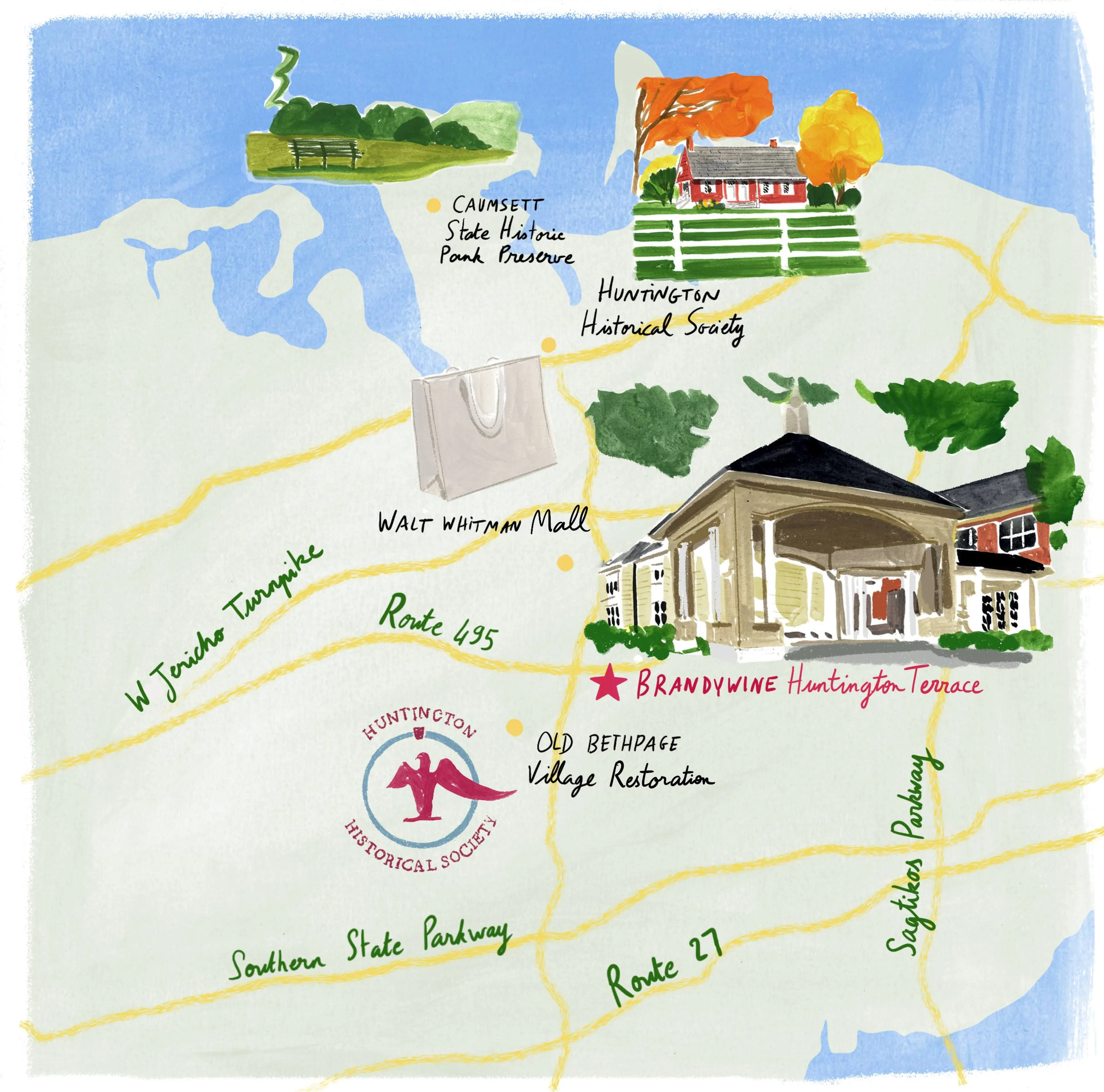 Hand-illustrated map of major roads and landmarks surrounding Brandywine Huntington Terrace in Huntington, NY