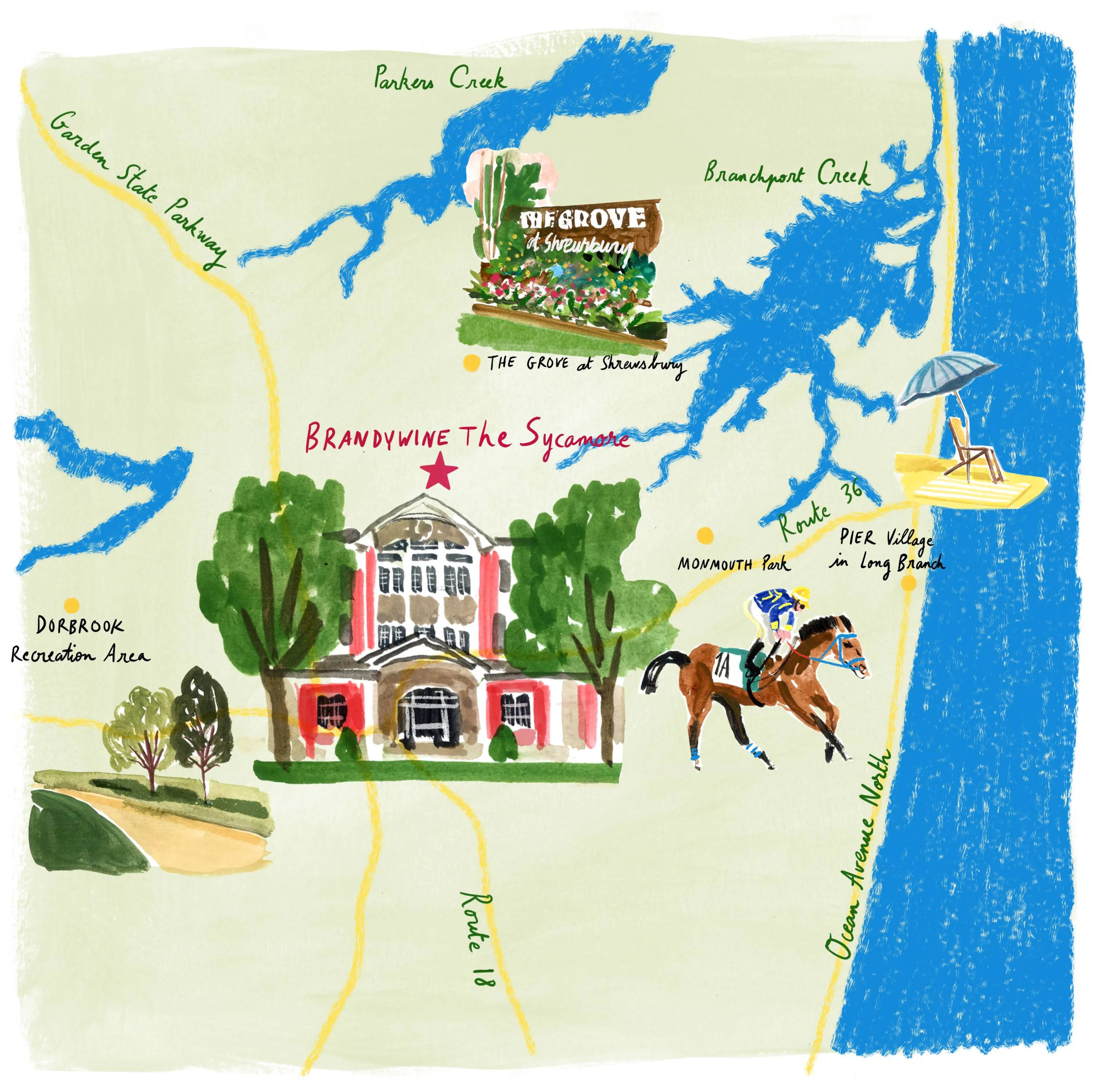 Hand-illustrated map of major road, landmarks and beaches surrounding Brandywine at The Sycamore in Shrewbury, NJ