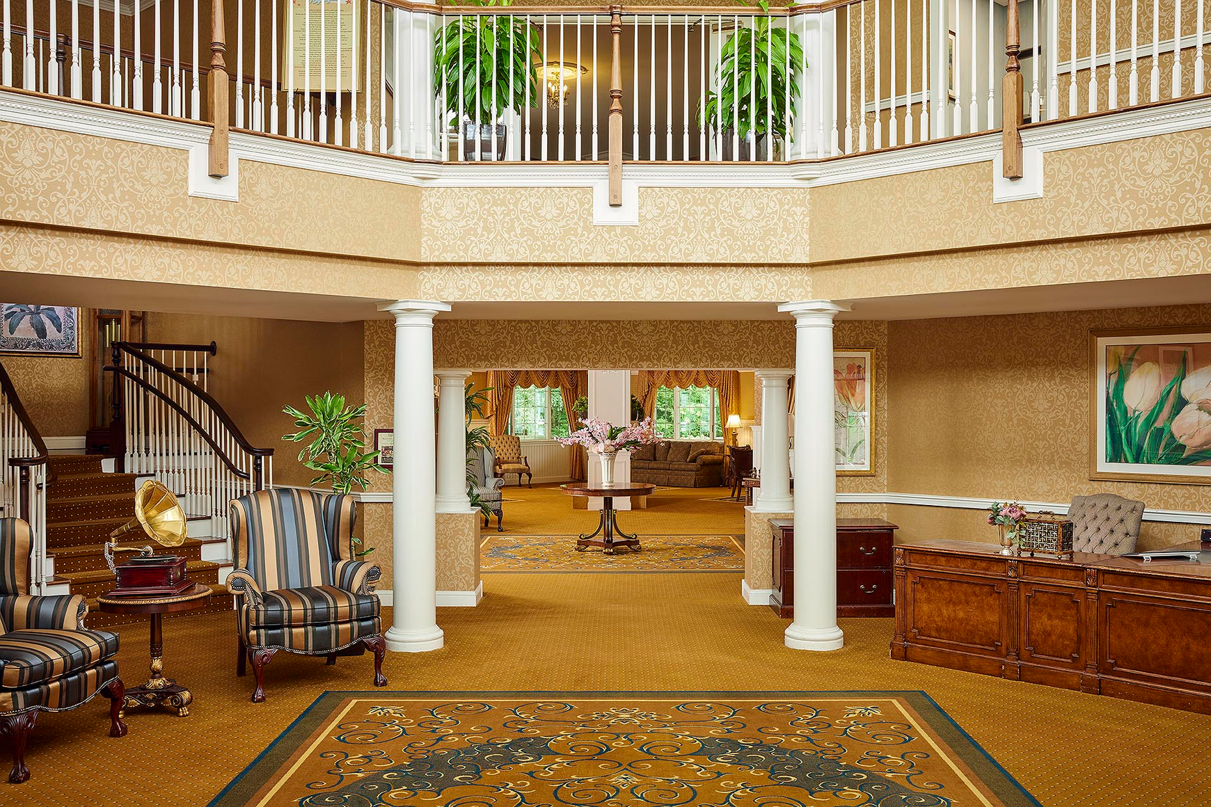 An elegant lobby with a vintage Victrola