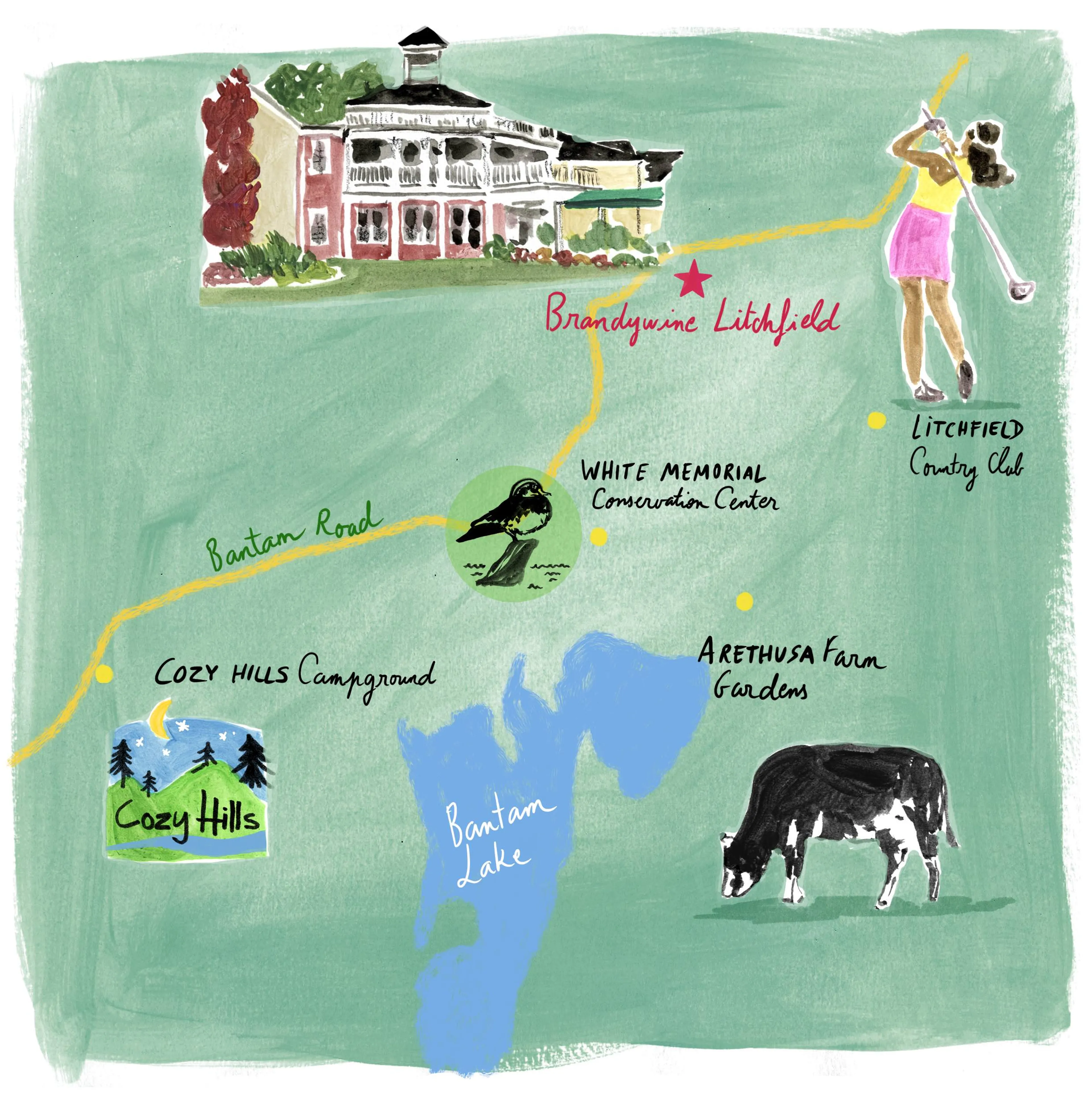 Hand-illustrated map of major landmarks surrounding Brandywine Litchfield in Litchfield, CT