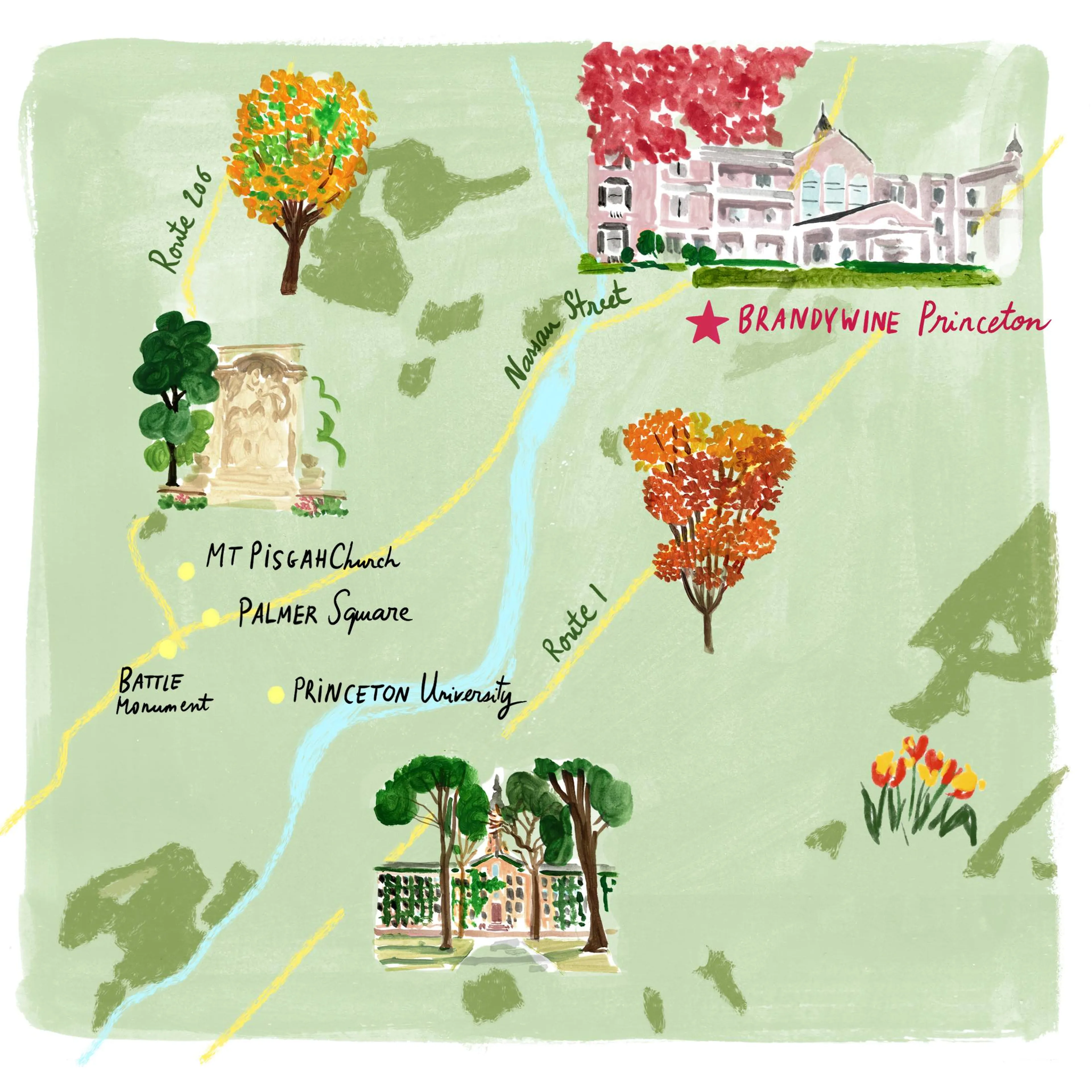 Hand-illustrated map of major roads and landmarks surrounding Brandywine Princeton in Princeton, NJ