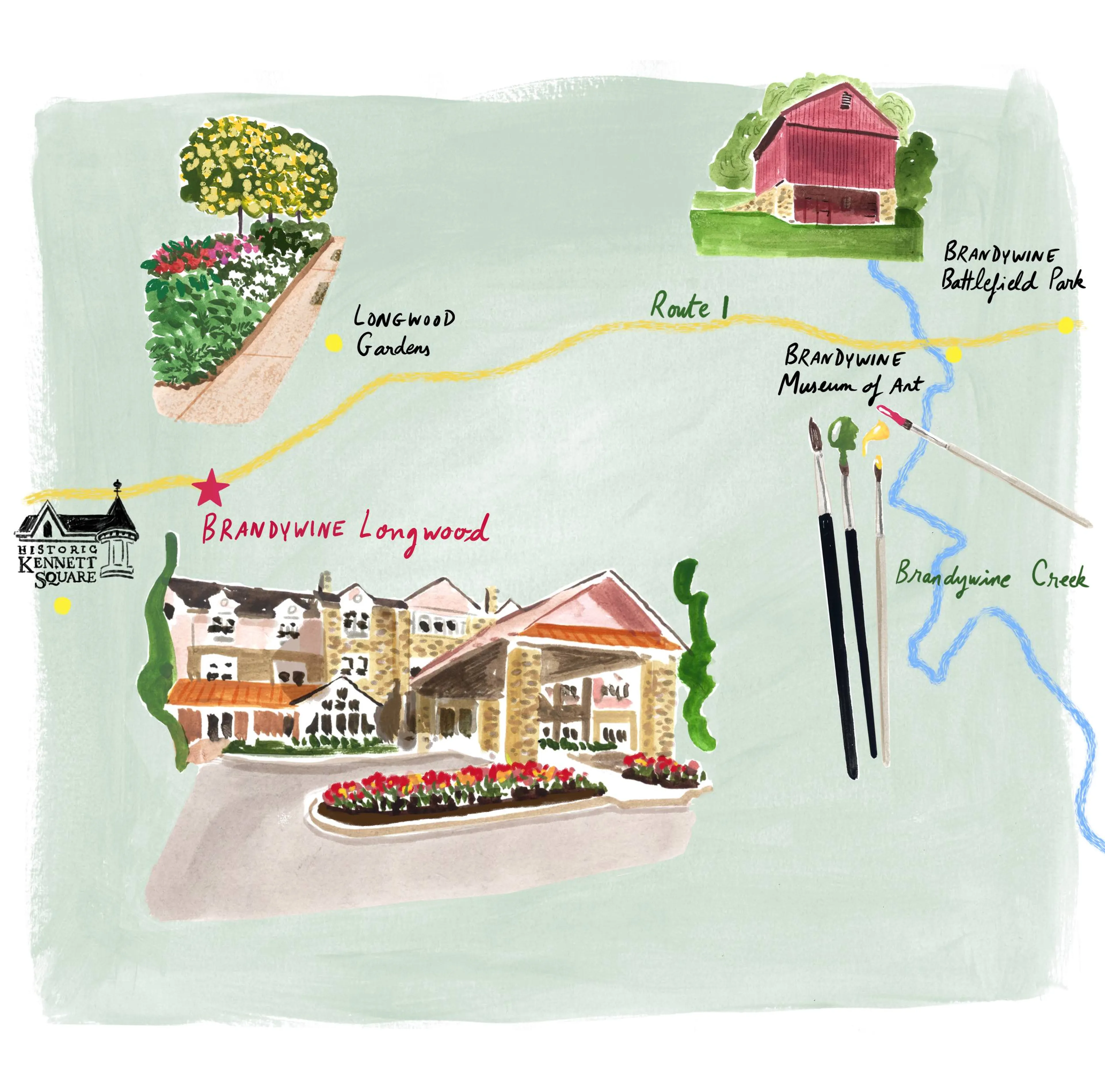 Hand-illustrated map of major roads and landmarks surrounding Brandywine Longwood in Kennett Square, PA