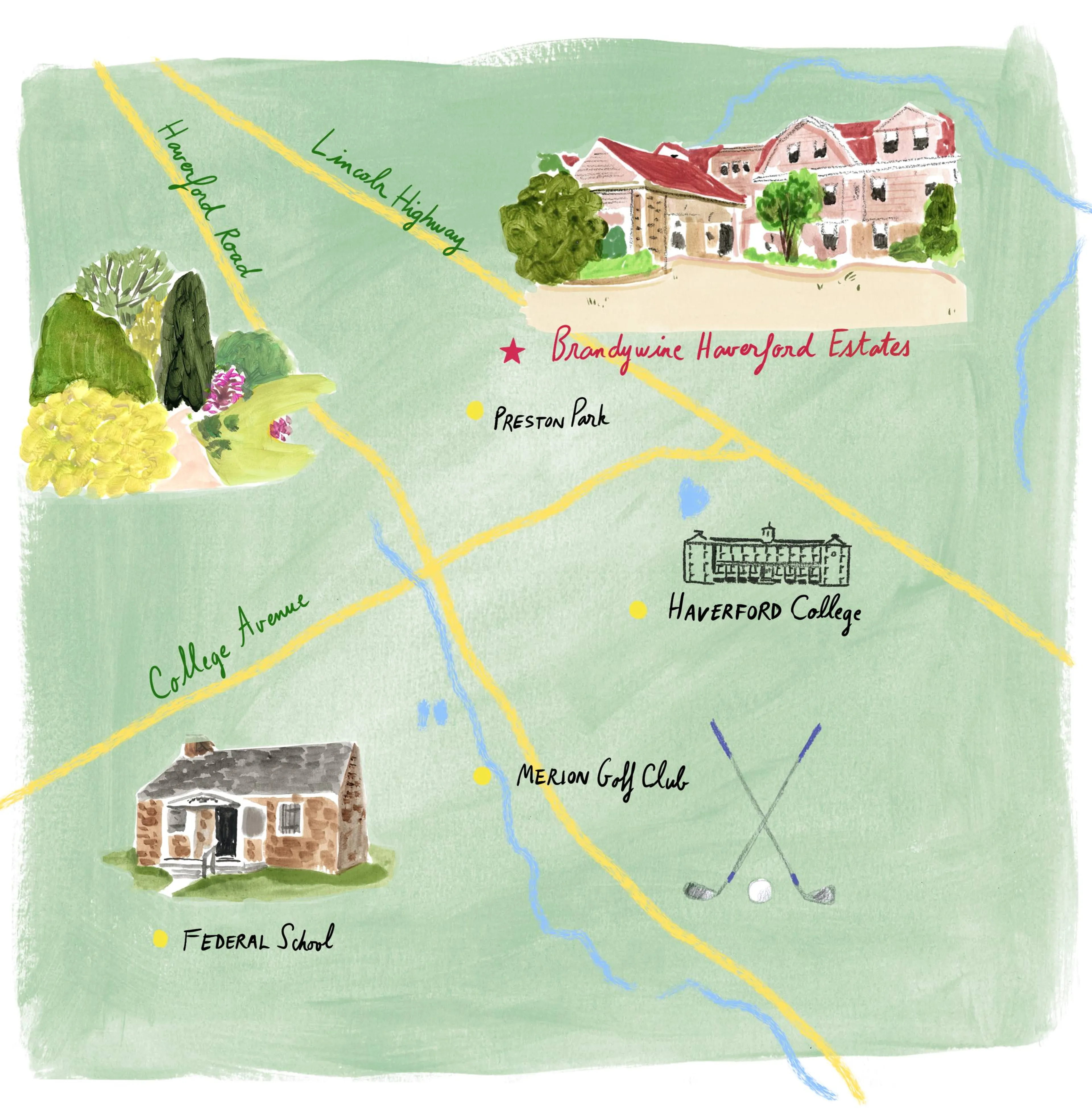 Hand-illustrated map of major roads and landmarks surrounding Brandywine Haverford Estates in Haverford, PA