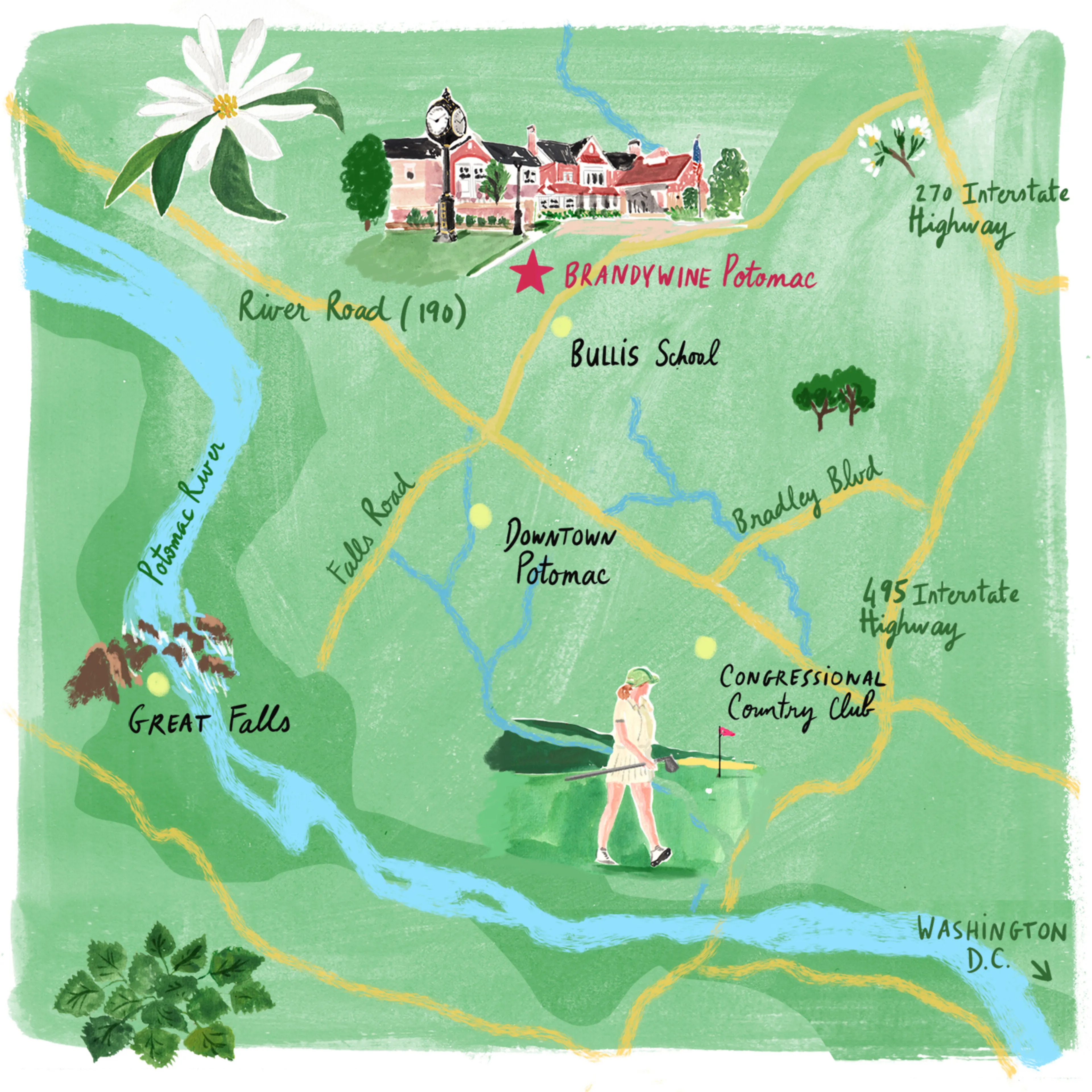 Hand-illustrated map of major roads and landmarks surrounding Brandyine Potomac in Potomac, MD