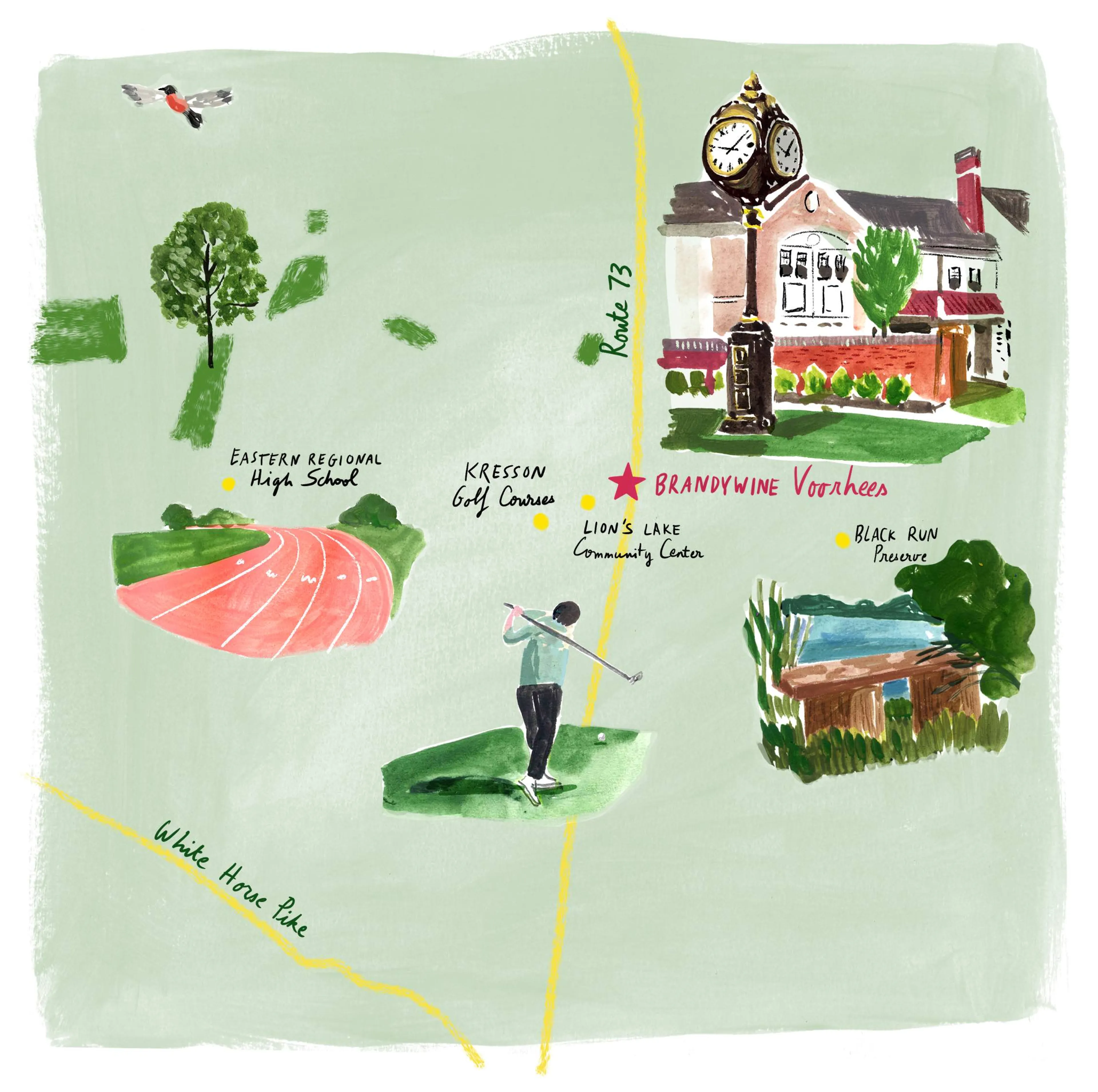 Hand-illustrated map of major roads and landmarks surrounding Brandywine Voorhees in Voorhees Township, NJ