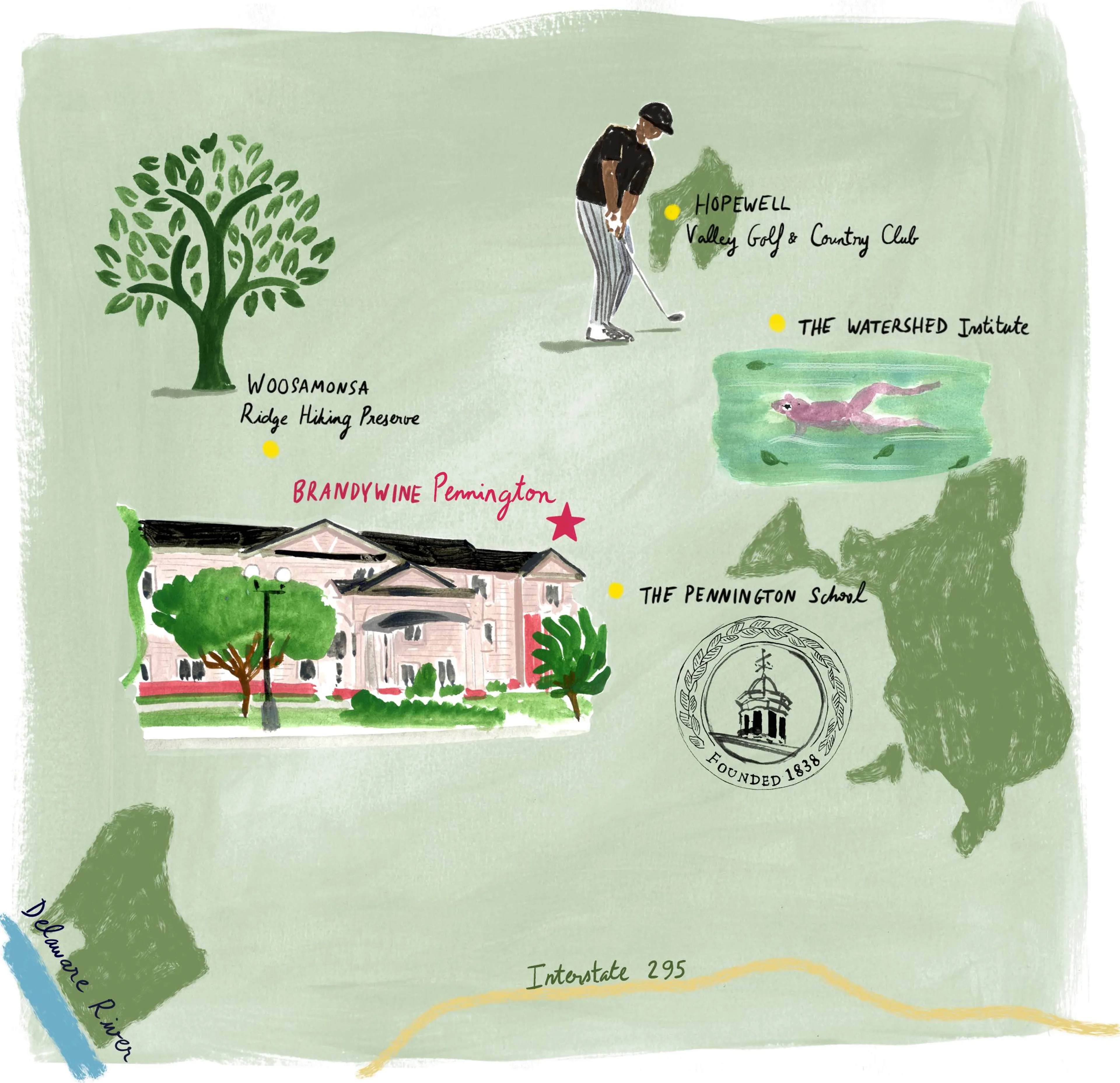 Hand-illustrated map of interstate and landmarkets surrounding Brandywine Pennington in Pennington, NJ