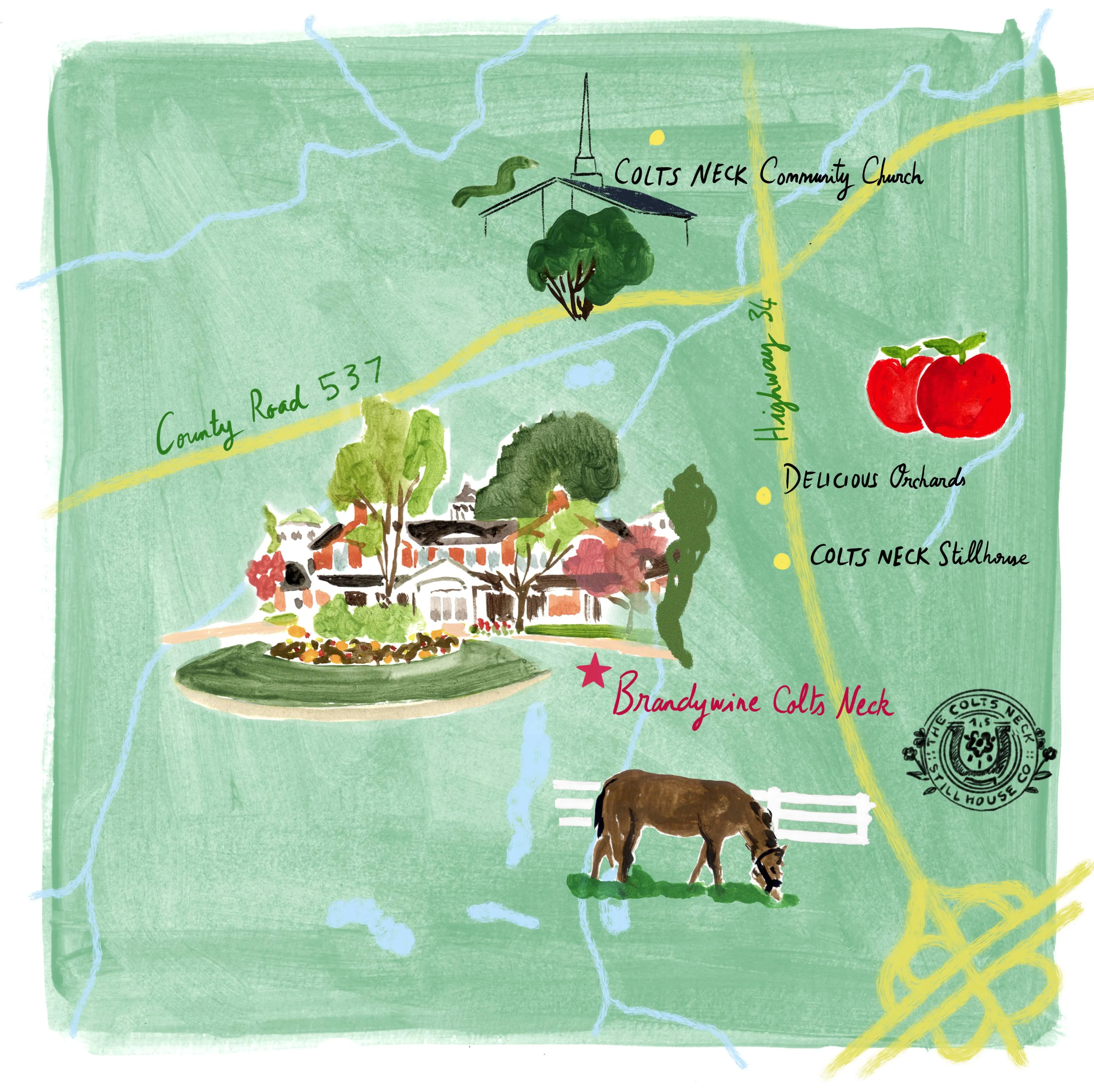 Hand-illustrated map of major roads and landmarks surrounding Brandywine in Colts Neck, NJ