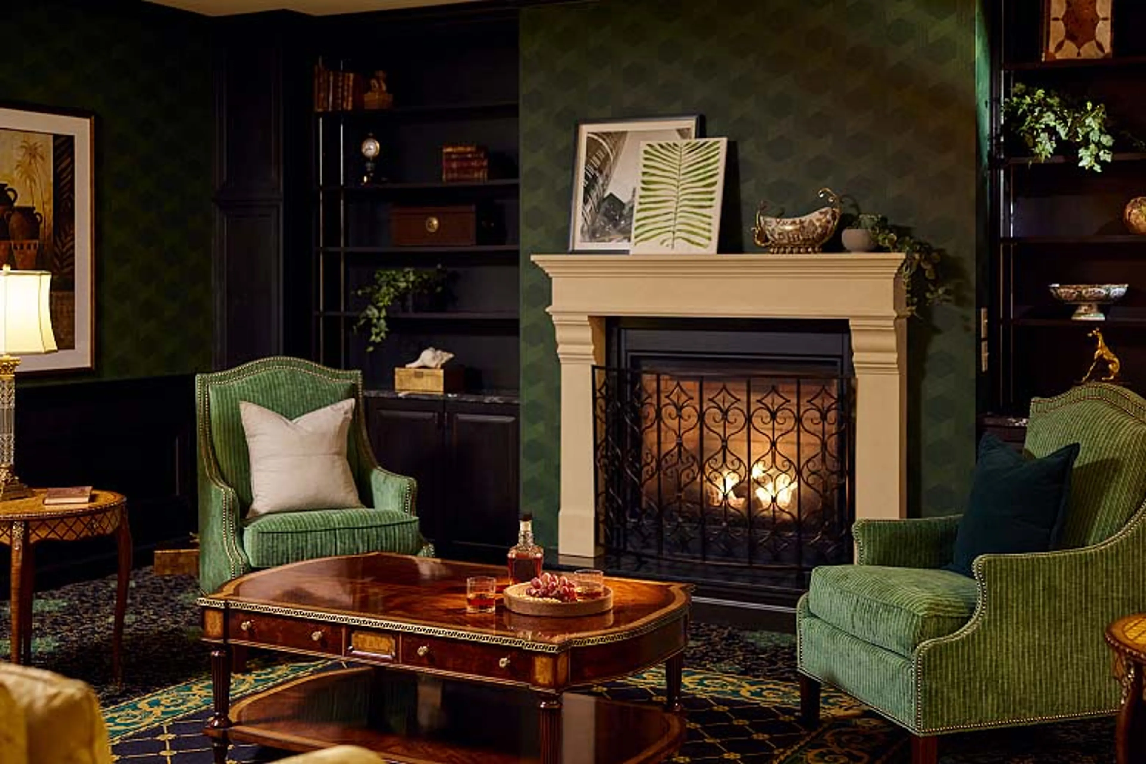 Enjoy a cocktail and snacks while sitting by the fireplace