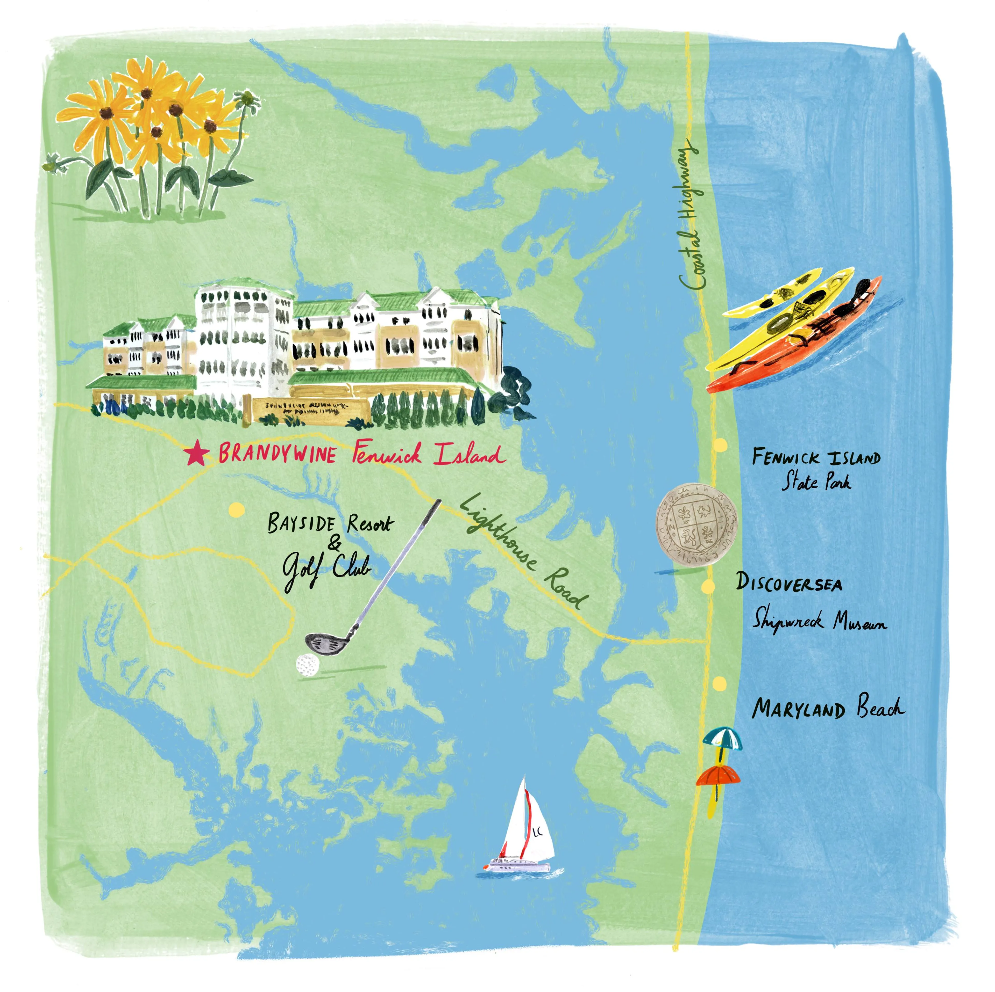 Hand-illustrated map of  major roads, landmarks and beaches surrounding Brandywine in Fenwick Island, Delaware