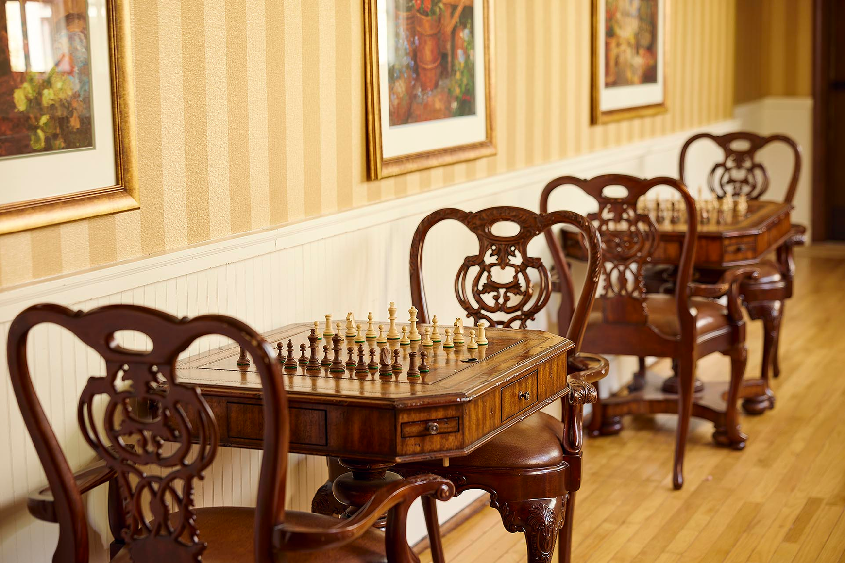 Chessboards await in the game room