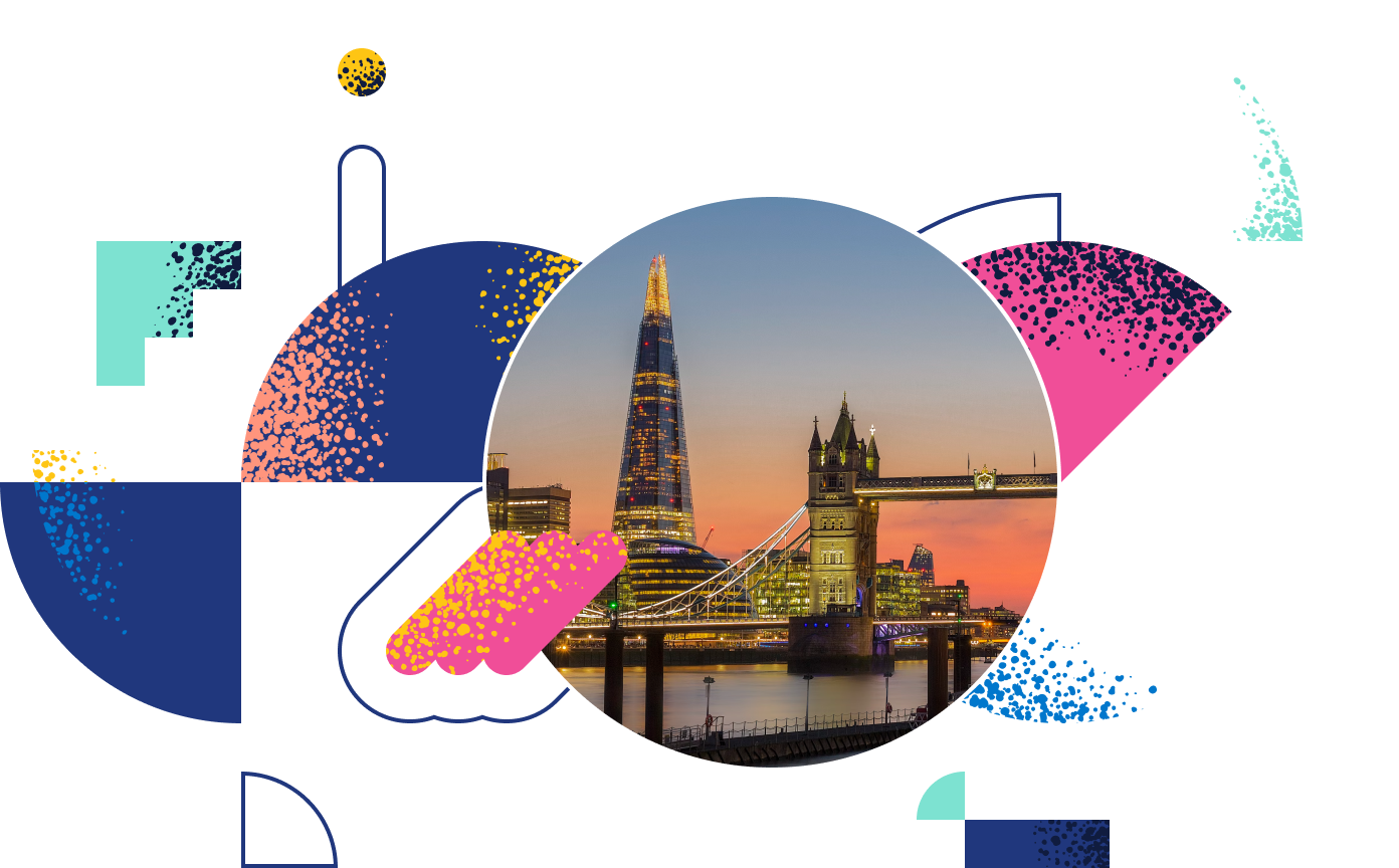 graphic collage consisting of a photo of London and abstract shapes with a splatter texture in neon colors