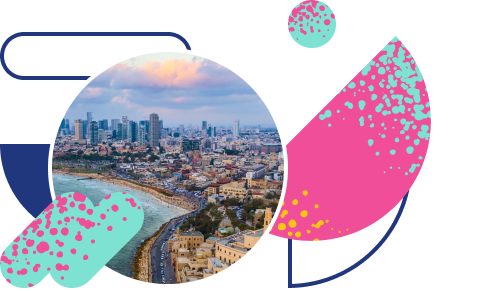graphic collage consisting of a photo of Tel Aviv and abstract shapes with a splatter texture in neon colors