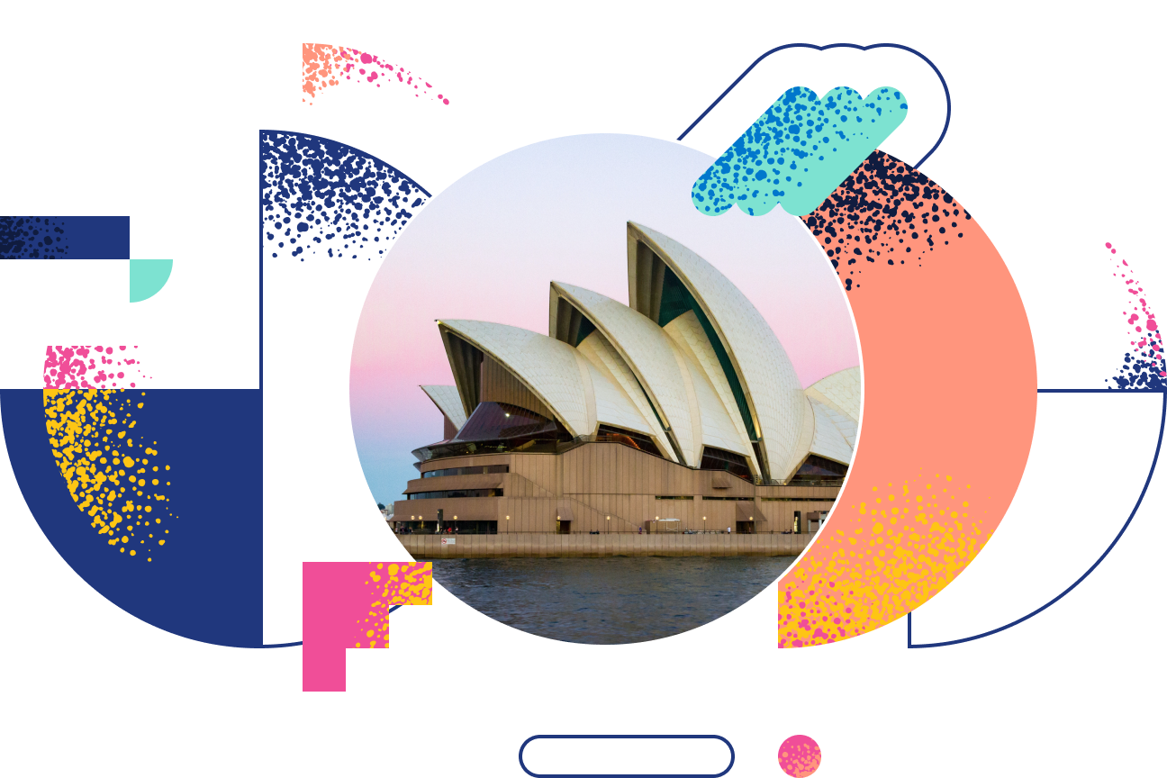 graphic collage consisting of a photo of Sydney and abstract shapes with a splatter texture in neon colors
