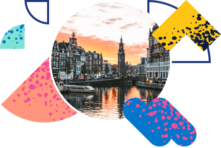 graphic collage consisting of a photo of Amsterdam and abstract shapes with a splatter texture in neon colors
