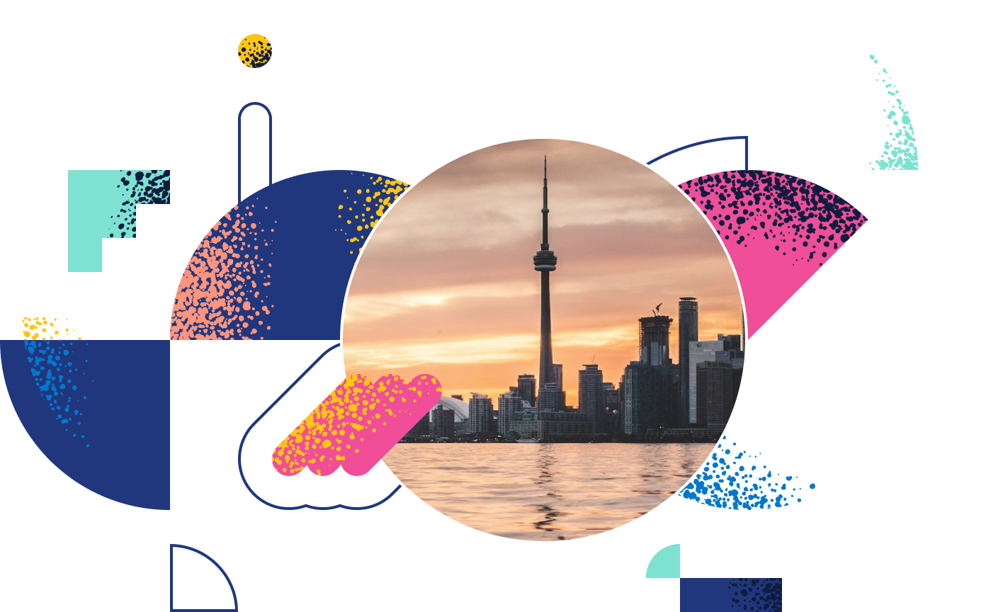 graphic collage consisting of a photo of Toronto and abstract shapes with a splatter texture in neon colors
