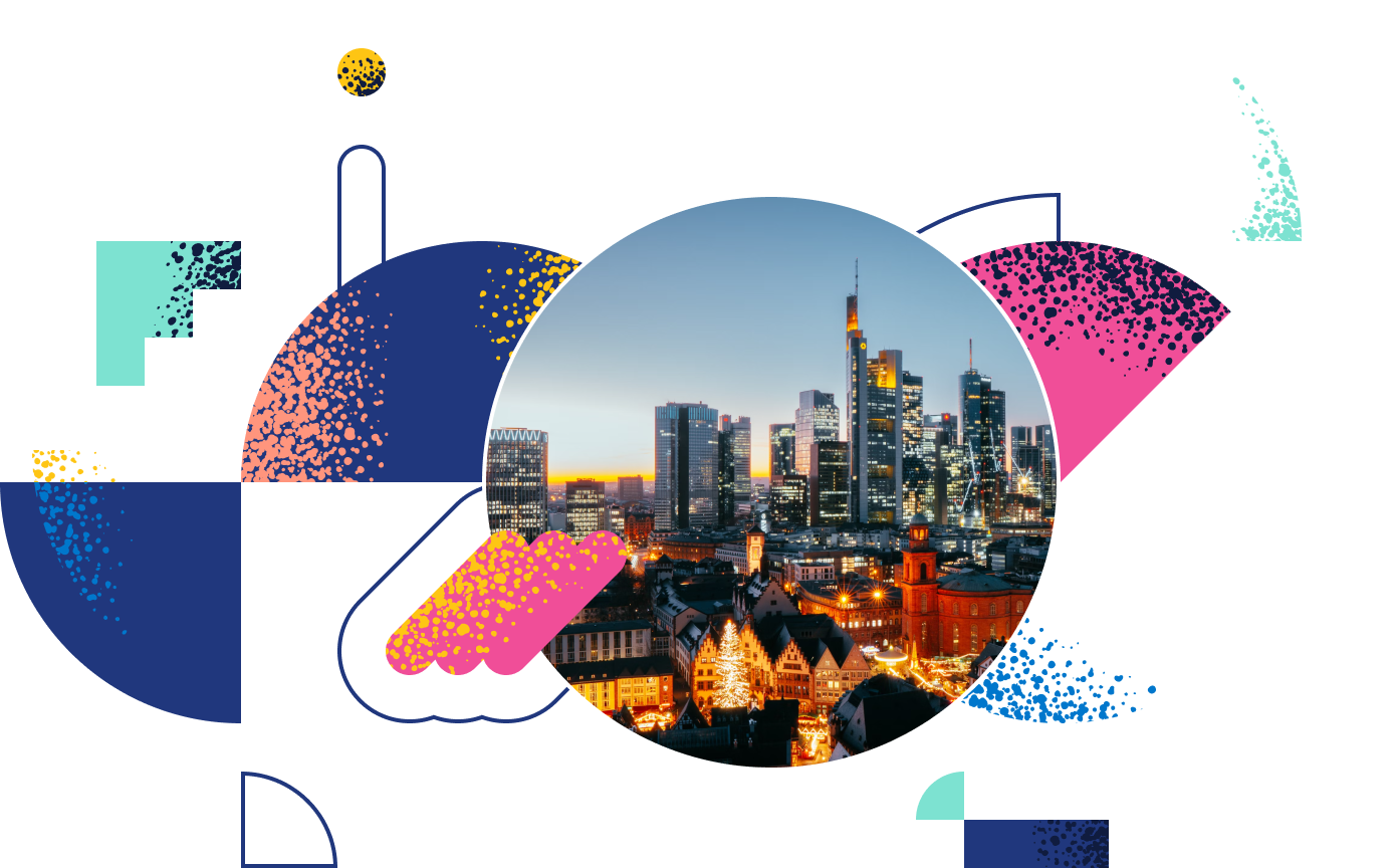 graphic collage consisting of a photo of Frankfurt and abstract shapes with a splatter texture in neon colors