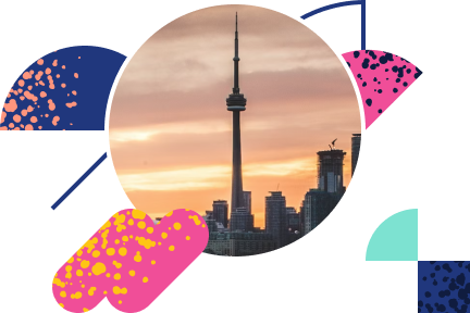 graphic collage consisting of a photo of Toronto and abstract shapes with a splatter texture in neon colors