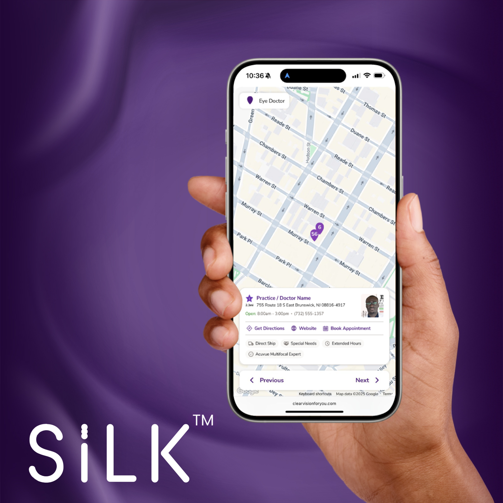 Find an ELITA™ clinic near you | SILK™ Mobile phone displaying nearby ELITA™ clinics.