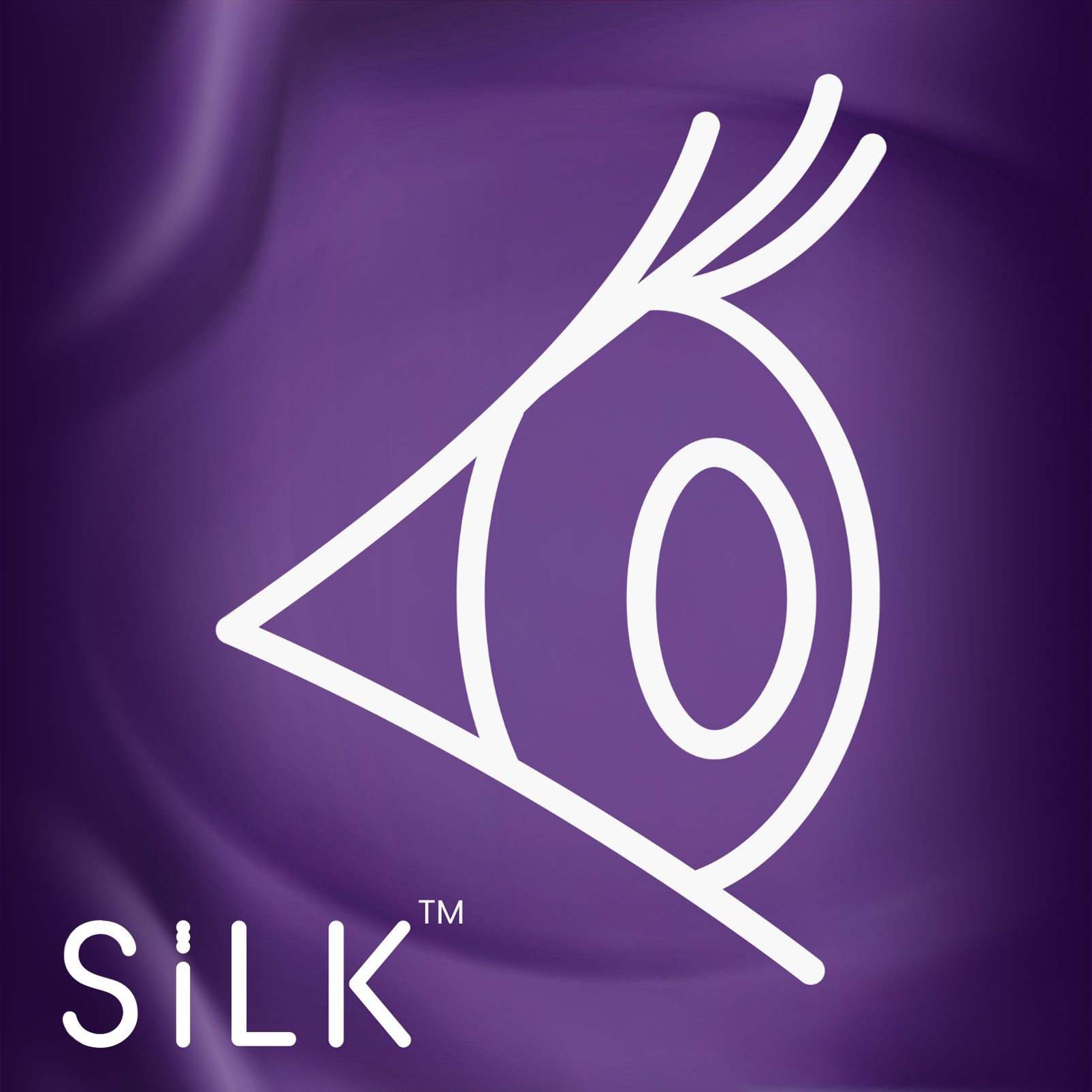 SiLK™ Stylised Eye Logo on Purple Silky Background White stylised eye symbol with three upper lashes on a silky purple background, with the SiLK™ logo in the lower left corner.