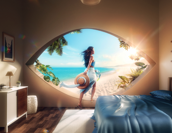 Woman stepping through an eye-shaped window onto a tropical beach Woman stepping through an eye-shaped window onto a tropical beach, symbolising clear vision and lifestyle freedom.