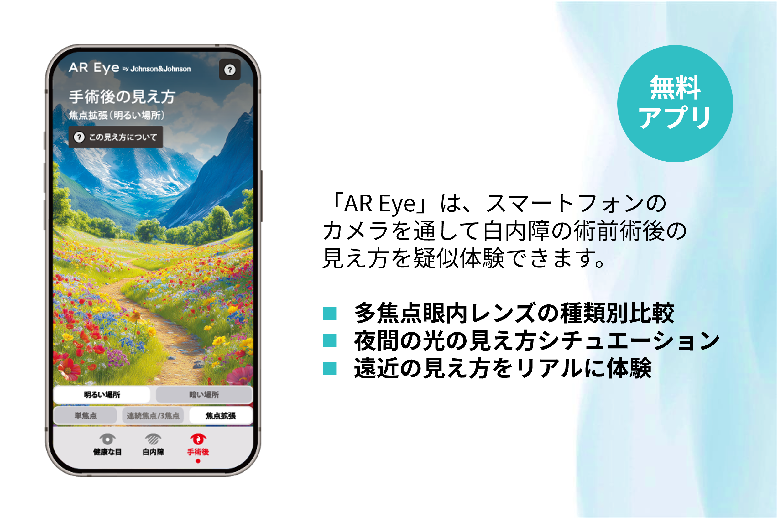 医師監修 白内障体験アプリ - AR Eye 白内障手術後の新しい世界を覗いてみよう 医師監修 白内障体験アプリ - AR Eye 白内障手術後の新しい世界を覗いてみよう