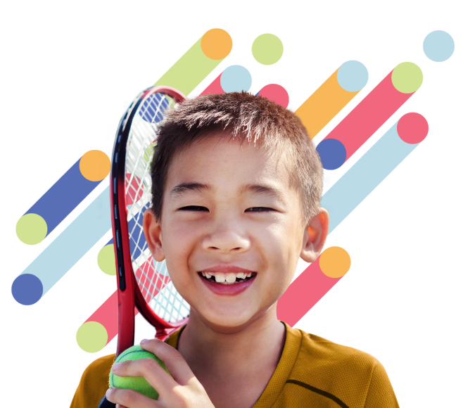 Child with tennis racquet and ball