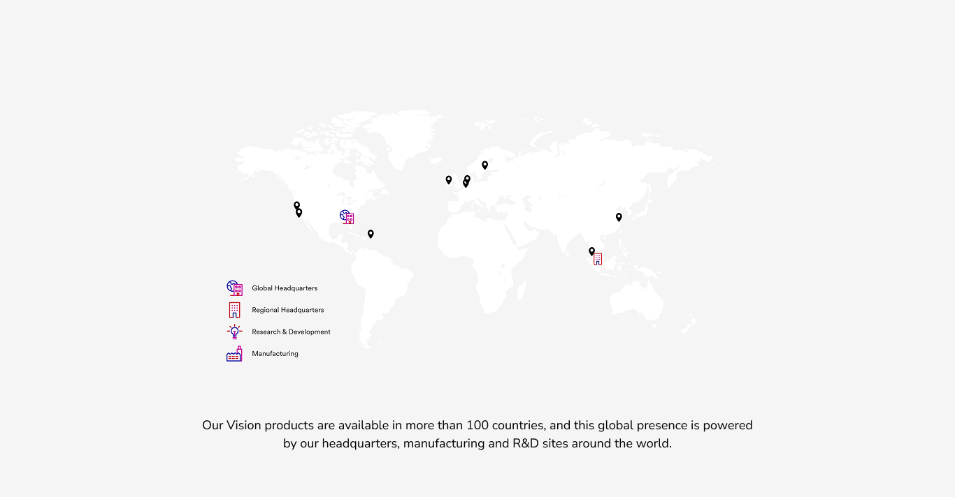 Map of key locations of Vision, Johnson & Johnson including headquarters, manufacturing and R&D sites around the world.