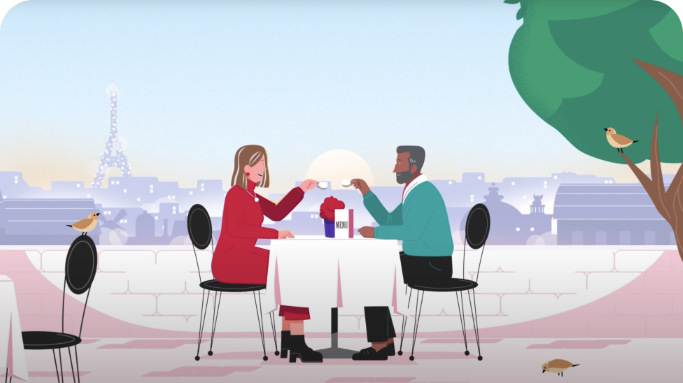 Illustration d'un couple au restaurant avec une vue panoramique