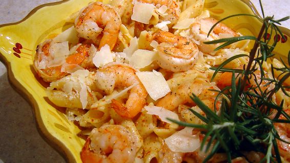 Rosemary Prawns with Penne and Squash Sauce