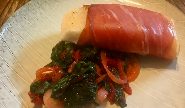 Prosciutto Wrapped Halibut with Swiss Chard