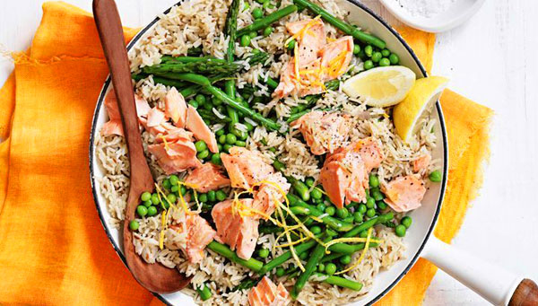 Canned Sockeye Salmon Rice Pilaf with Peas, Asparagus, and Mint