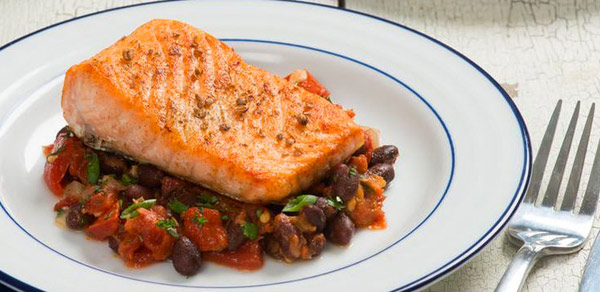 Cumin Scented Salmon, Cod, or Halibut with Black Bean Stew