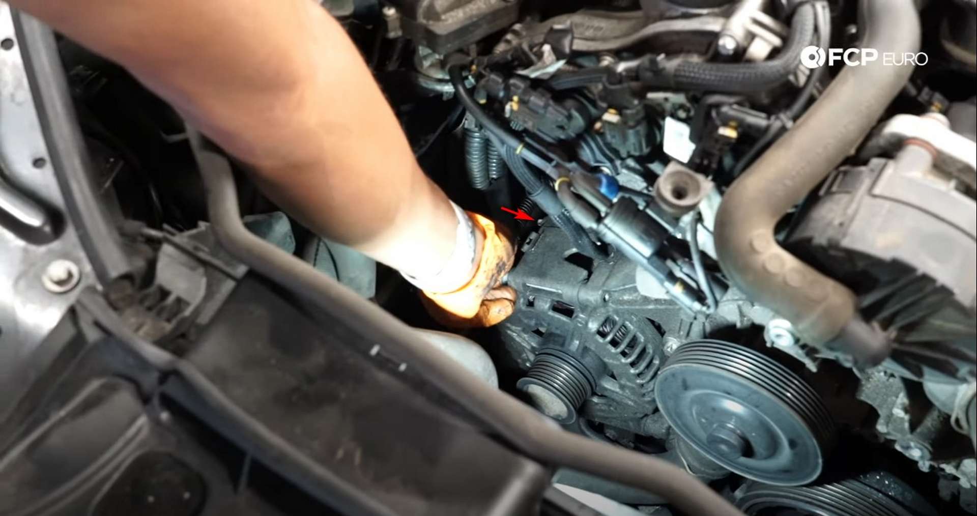 DIY Mercedes W212/204 Alternator and Drive Belt Replacement location of the top rear alternator bolt