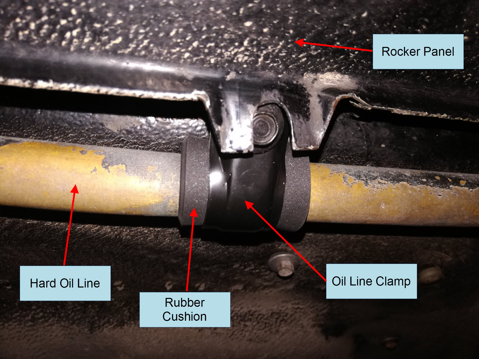 Air-cooled Porsche 911 hard oil line clamp configuration.