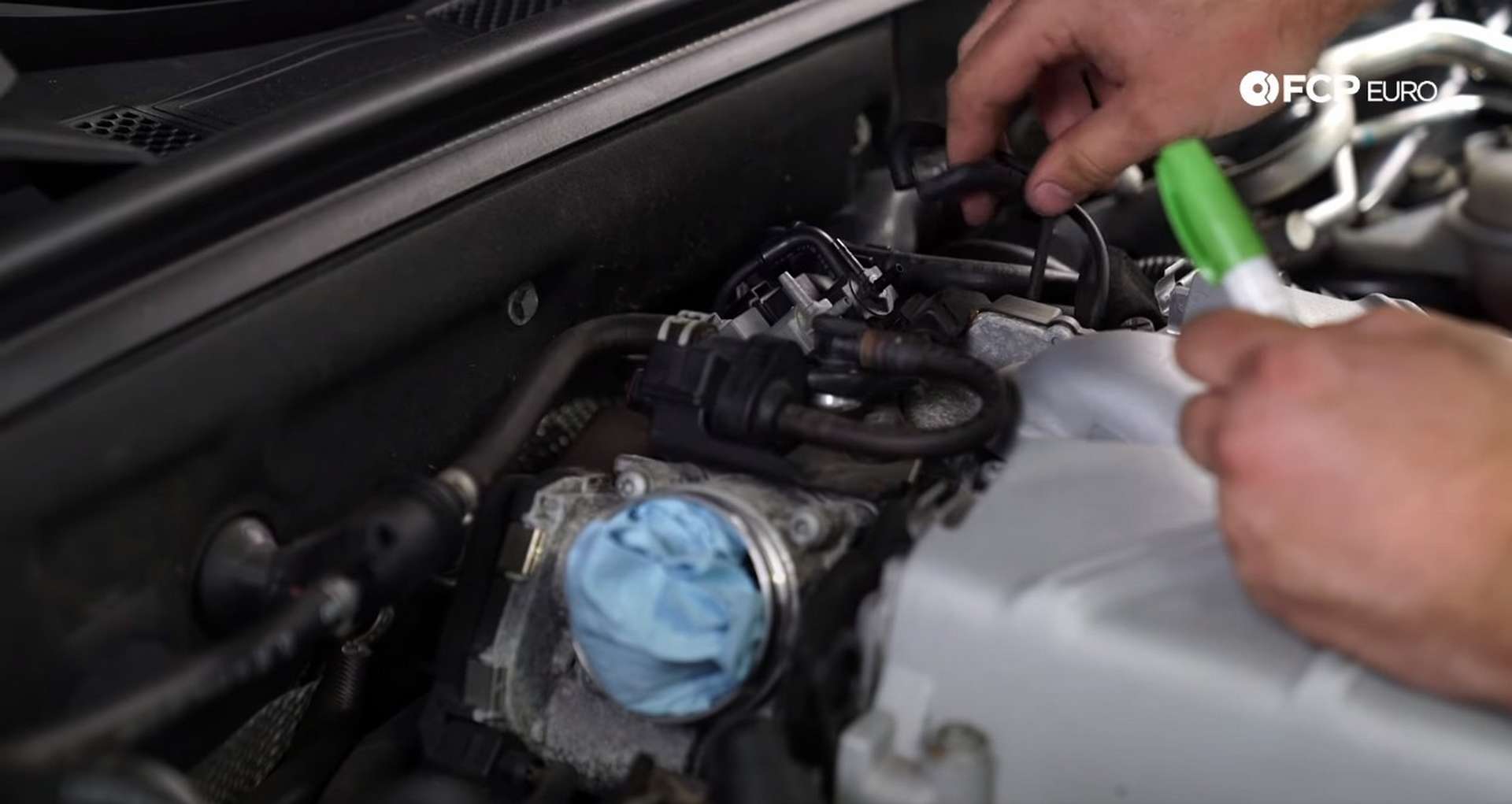 DIY Audi B8.5 Water Pump and Thermostat Replacement supercharger belt tensioner bolt location