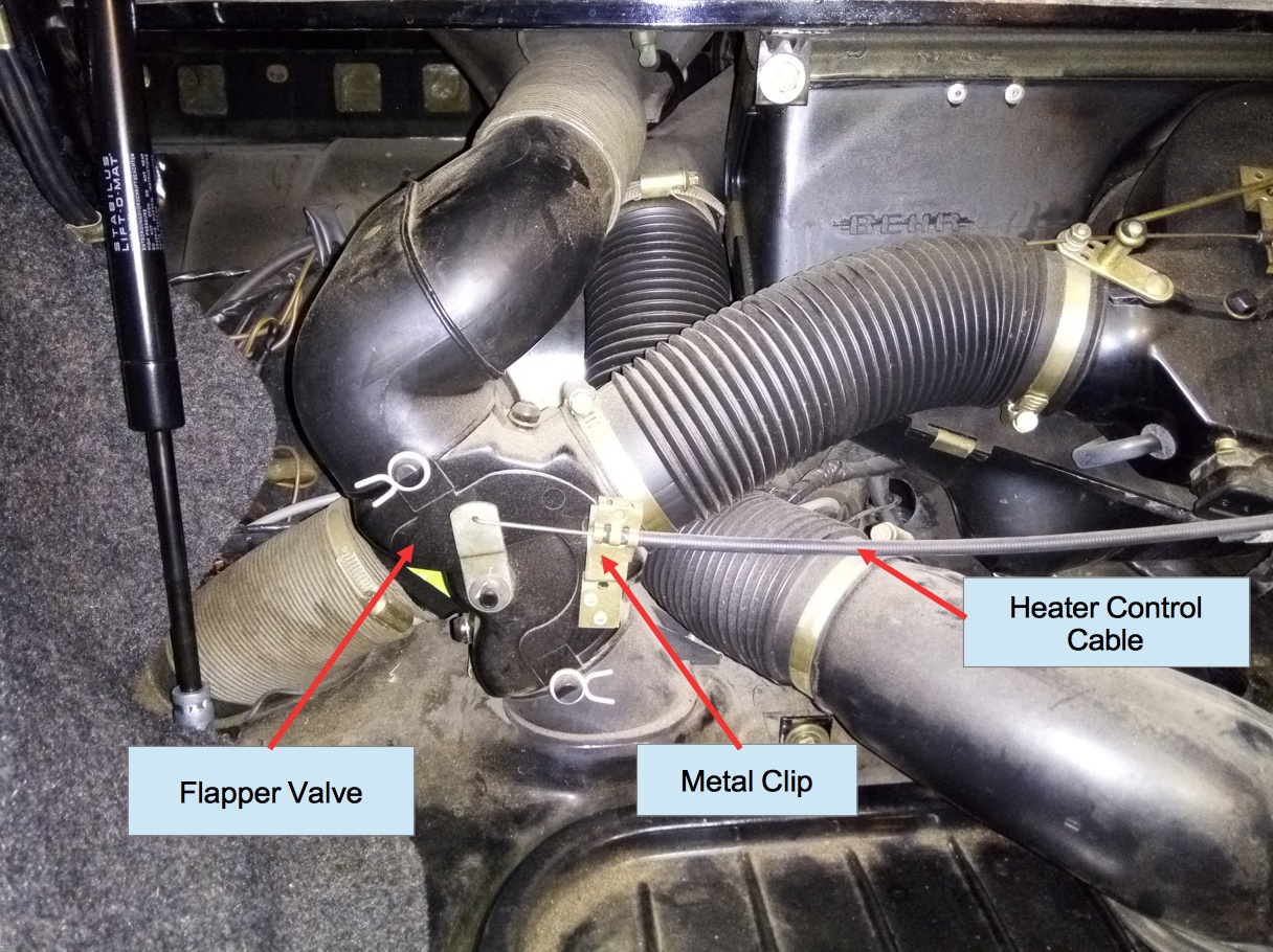 Air-cooled Porsche 911 heater control cable near master cylinder.