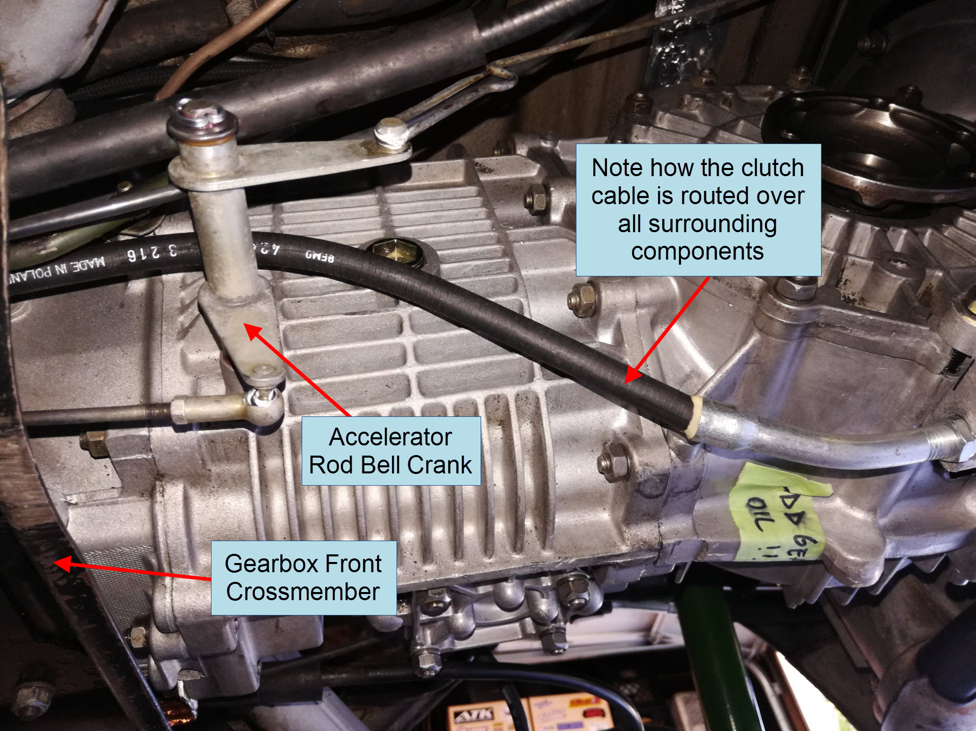 Air-cooled Porsche 911 clutch cable routing.