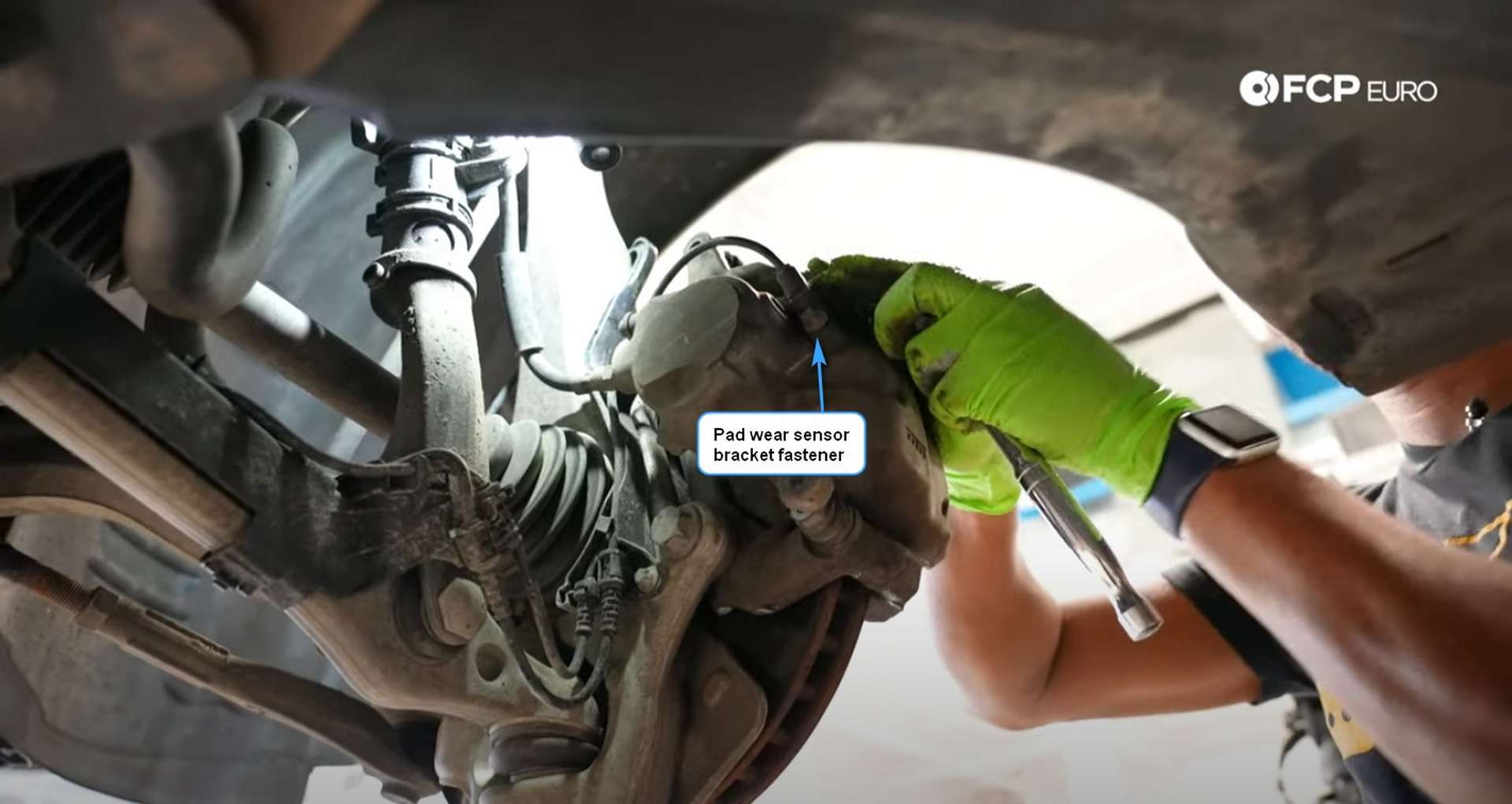 DIY Mercedes-Benz W205 Front Brake Service pad wear sensor bracket location
