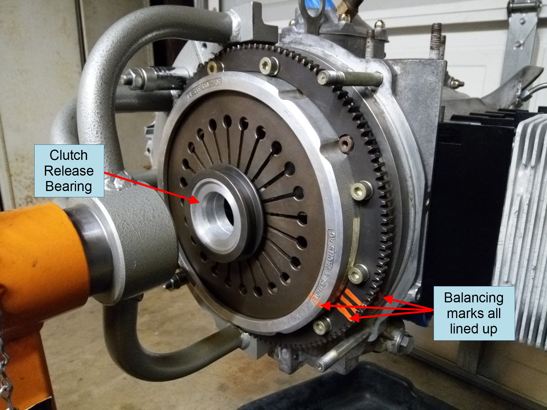 Air-cooled Porsche 911 pressure plate and clutch release bearing installation.