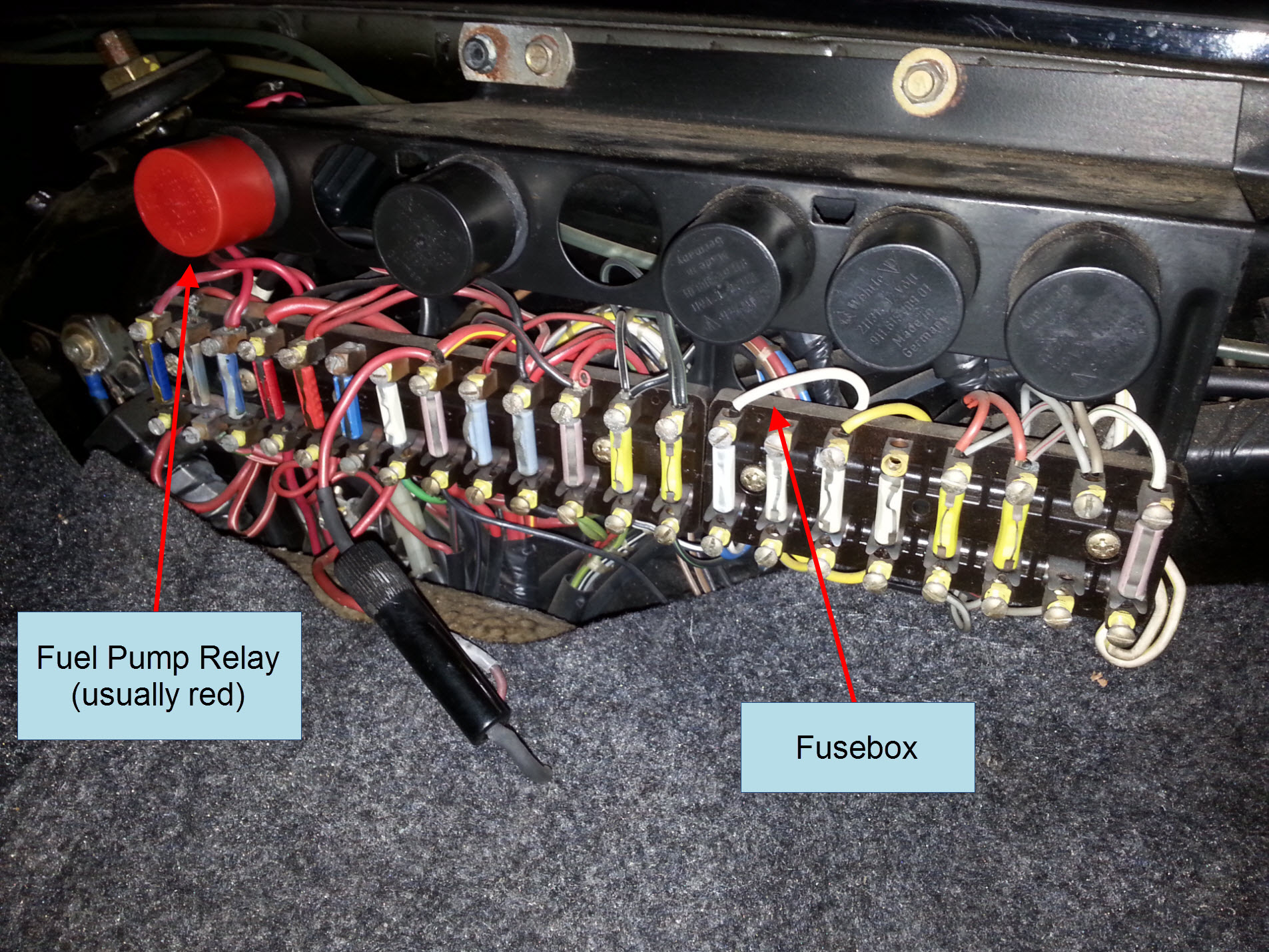 Air-cooled Porsche 911 fuel pump relay location.