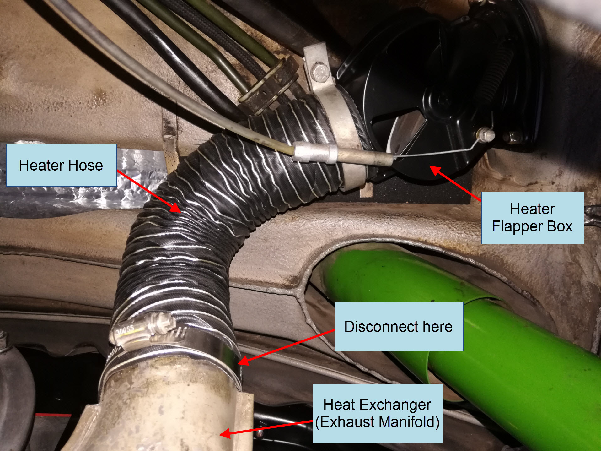 Air-cooled Porsche 911 heater hose locations.