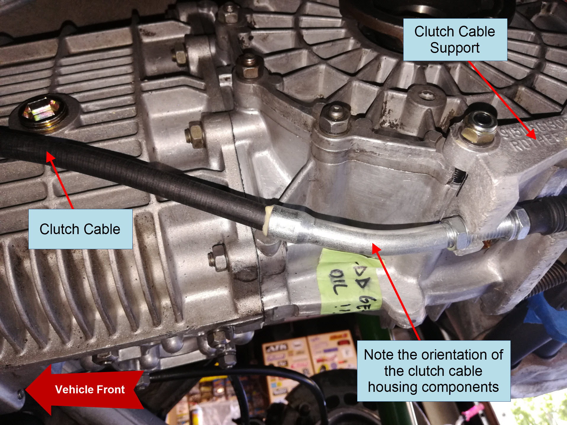 Air-cooled Porsche 911 clutch cable orientation.