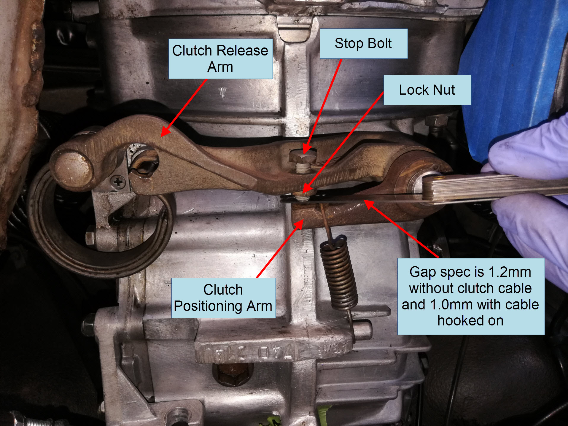 Air-cooled Porsche 911 late gearbox clutch cable adjustment.