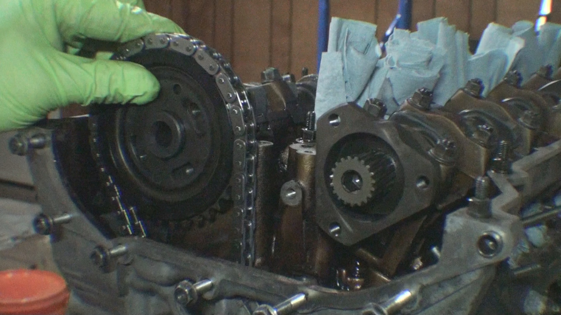 Installing exhaust cam sprocket onto camshaft